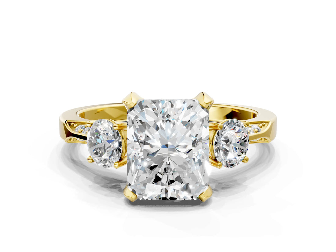 Yellow gold Radiant Cut Brilliant Three-Stone Diamond Ring with Pavé Band and Four-Prong Setting_3