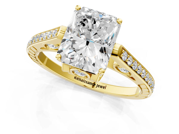 Yellow Gold Radiant Cut Cathedral Engagement Ring Setting with Pave Shoulders