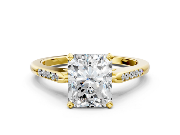Yellow gold Radiant Cut Diamond Solitaire Ring with Channel Set Round Band and Prong Setting