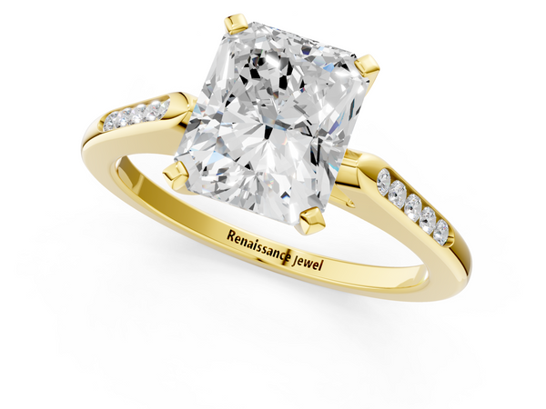 Yellow gold Radiant Cut Diamond Solitaire Ring with Channel Set Round Band and Prong Setting