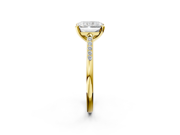 Yellow gold Radiant Cut Diamond Solitaire Ring with Channel Set Round Band and Prong Setting