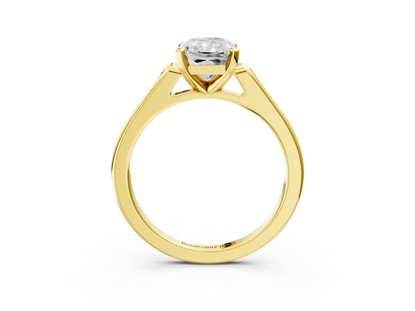 Yellow gold Radiant Cut Diamond Solitaire Ring with Channel Set Round Band and Prong Setting