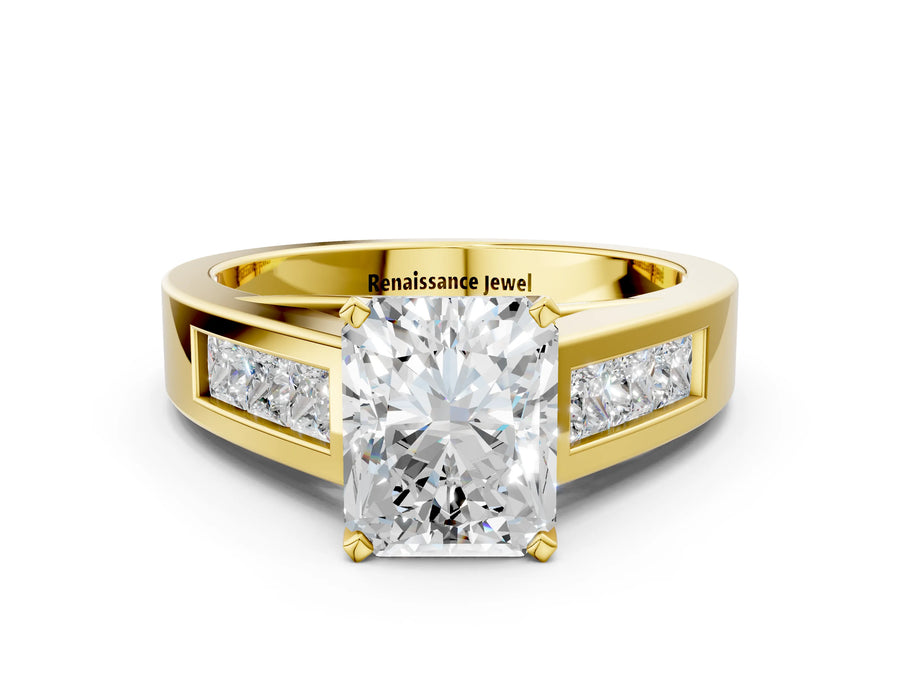 Yellow gold Radiant Cut Channel Set Solitaire Ring with Four-Prong Setting