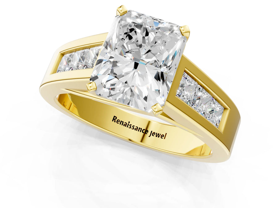 Yellow gold Radiant Cut Channel Set Solitaire Ring with Four-Prong Setting
