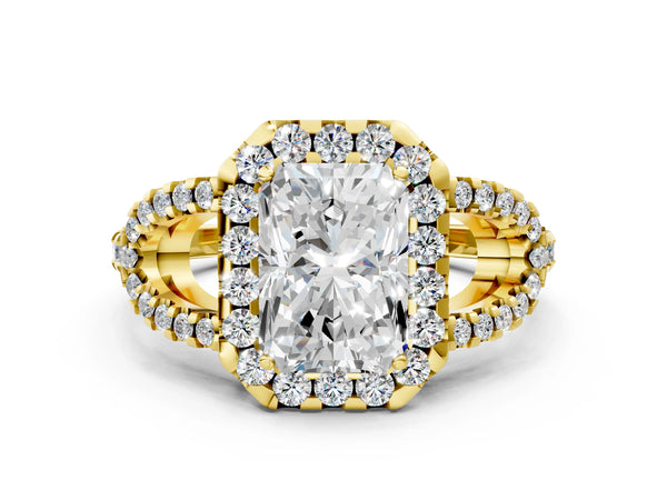 Yellow Gold Radiant Cut Split Shank Pave Halo Engagement Ring Setting