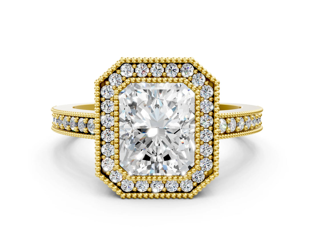 Yellow gold Radiant Cut-Cut Diamond Halo Engagement Ring with Pave Band and Prong Setting_9