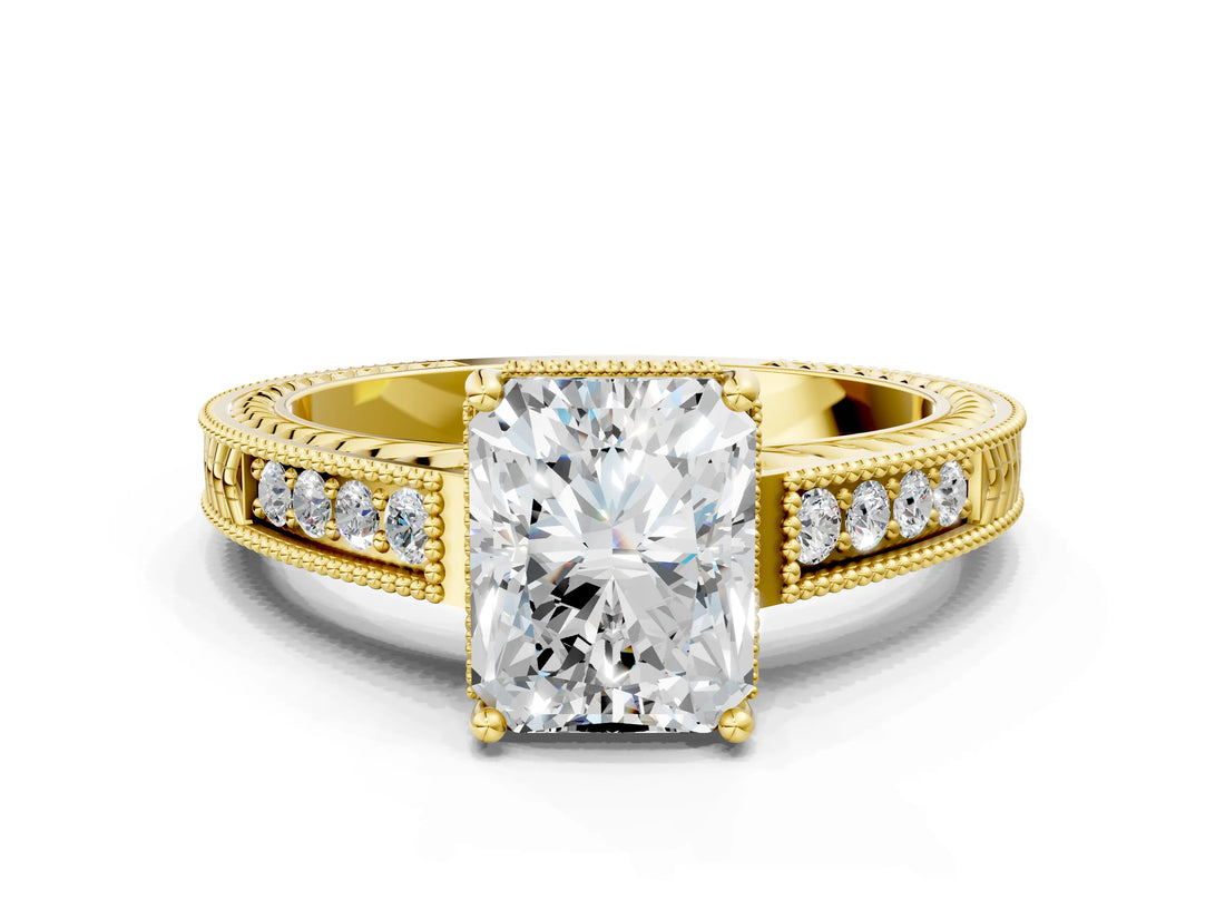 Yellow gold Radiant Cut Cut Diamond Milgrain Pave Band Four-Prong Setting Ring_3