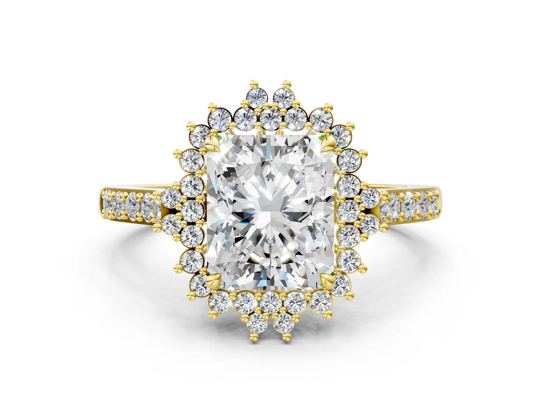 Yellow gold Radiant Cut Cut Diamond Sunburst Halo Engagement Ring with Pavé Band_3