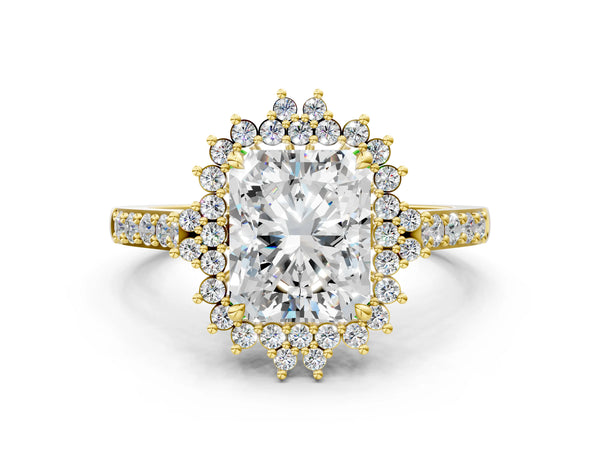 Yellow gold Radiant Cut Cut Diamond Sunburst Halo Engagement Ring with Pavé Band