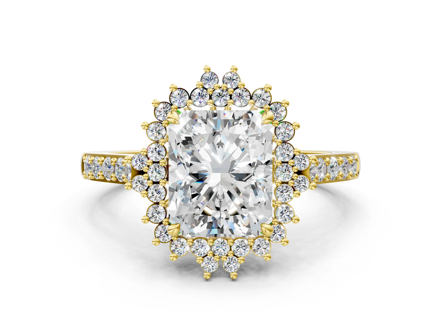 Yellow gold Radiant Cut Cut Diamond Sunburst Halo Engagement Ring with Pavé Band