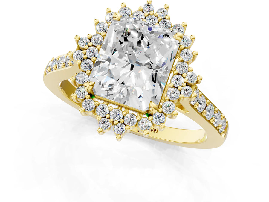 Yellow gold Radiant Cut Cut Diamond Sunburst Halo Engagement Ring with Pavé Band