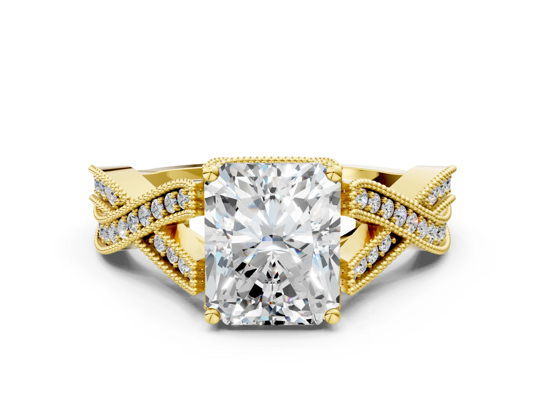 Yellow gold Radiant Cut Cut Diamond Twisted Band with Milgrain Pave Setting and Four-Prong Setting_6