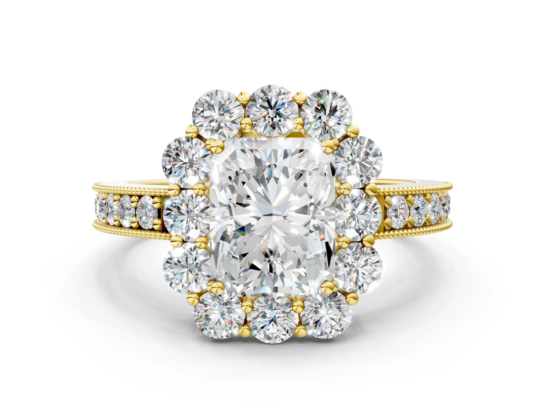 Yellow gold Radiant Cut Cut Halo Diamond Pavé Engagement Ring with Milgrain Detailing_15