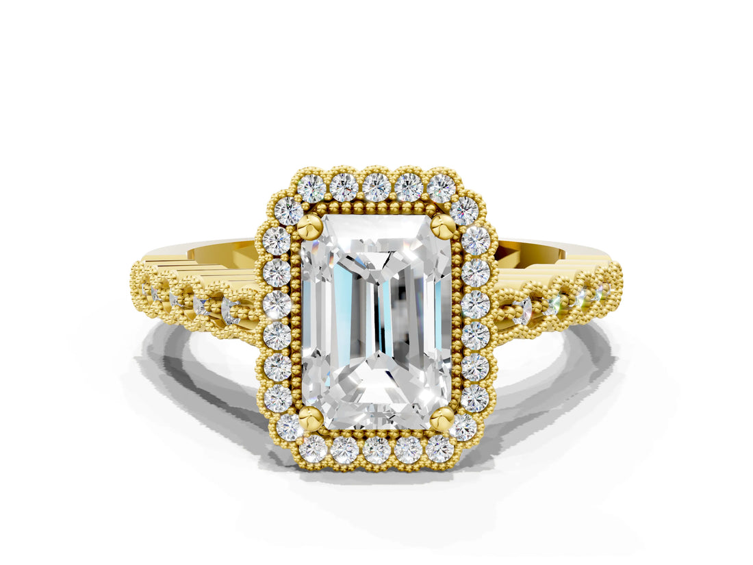 Yellow gold Radiant Cut Cut Halo Pavé Solitaire Ring with Milgrain Band_7