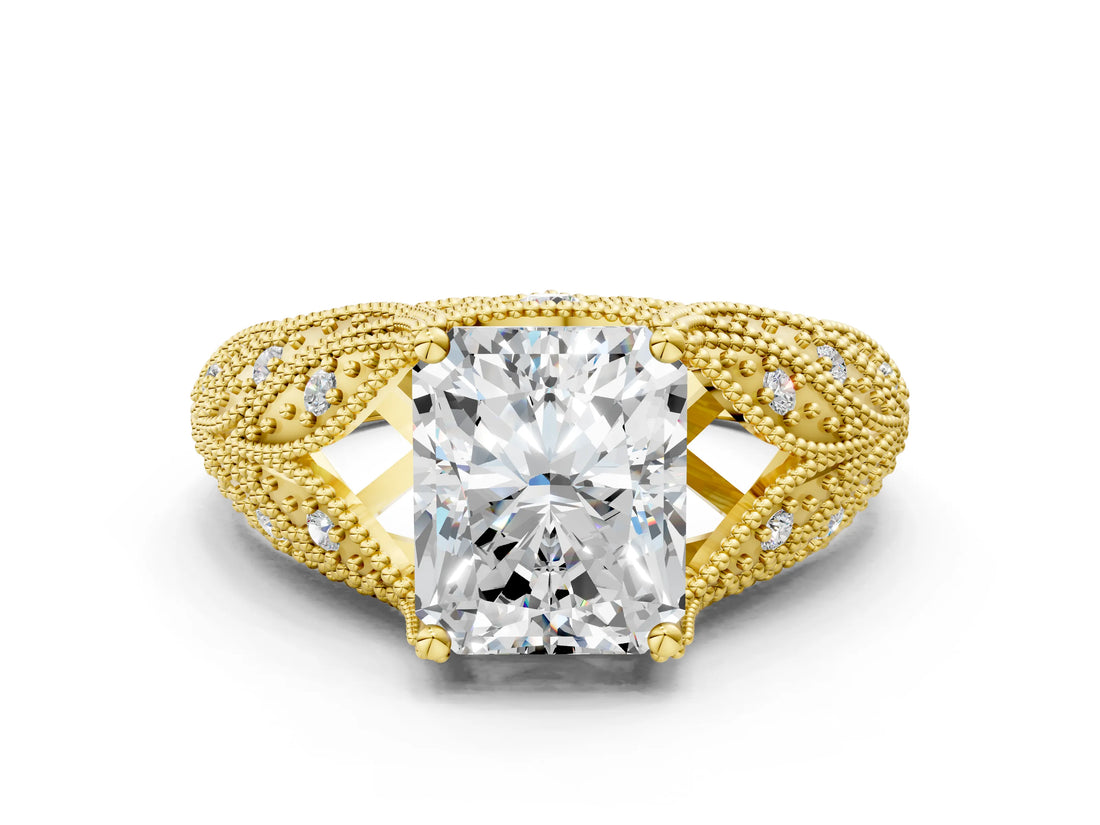 Yellow gold Radiant Cut Cut Milgrain Pave Diamond Engagement Ring with Four-Prong Setting_27