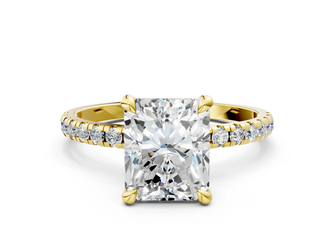 Yellow gold Radiant Cut Diamond Brilliant Solitaire Ring with Pavé Band and Four-Prong Setting_15