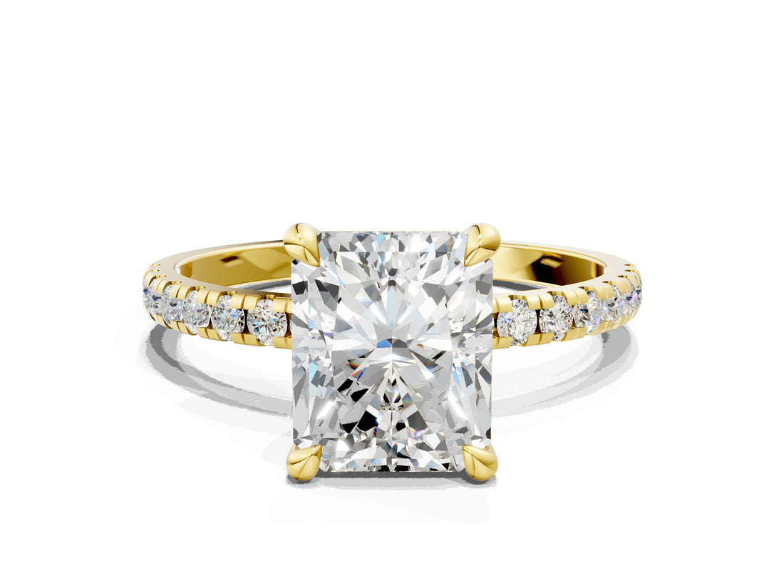Yellow gold Radiant Cut Diamond Brilliant Solitaire Ring with Pavé Band and Four-Prong Setting_306