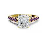 Yellow gold Radiant Cut Diamond Cathedral Solitaire Ring with Round with Amethyst side stone Pavé Band_12
