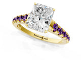 Yellow gold Radiant Cut Diamond Cathedral Solitaire Ring with Round with Amethyst side stone Pavé Band_13