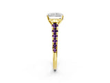 Yellow gold Radiant Cut Diamond Cathedral Solitaire Ring with Round with Amethyst side stone Pavé Band_14