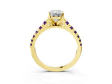 Yellow gold Radiant Cut Diamond Cathedral Solitaire Ring with Round with Amethyst side stone Pavé Band_15
