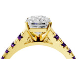 Yellow gold Radiant Cut Diamond Cathedral Solitaire Ring with Round with Amethyst side stone Pavé Band_16