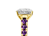 Yellow gold Radiant Cut Diamond Cathedral Solitaire Ring with Round with Amethyst side stone Pavé Band_17
