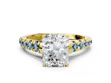 Yellow gold Radiant Cut Diamond Cathedral Solitaire Ring with Round with Aquamarine side stone Pavé Band_12