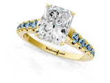 Yellow gold Radiant Cut Diamond Cathedral Solitaire Ring with Round with Aquamarine side stone Pavé Band_13