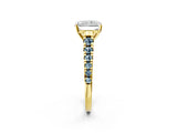 Yellow gold Radiant Cut Diamond Cathedral Solitaire Ring with Round with Aquamarine side stone Pavé Band_14