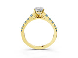 Yellow gold Radiant Cut Diamond Cathedral Solitaire Ring with Round with Aquamarine side stone Pavé Band_15