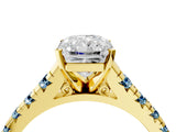 Yellow gold Radiant Cut Diamond Cathedral Solitaire Ring with Round with Aquamarine side stone Pavé Band_16