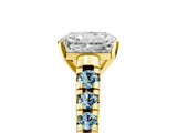 Yellow gold Radiant Cut Diamond Cathedral Solitaire Ring with Round with Aquamarine side stone Pavé Band_17
