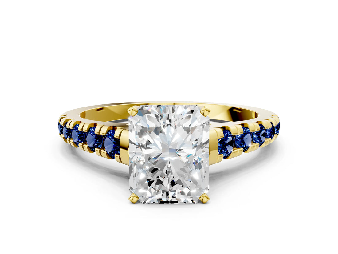 Yellow gold Radiant Cut Diamond Cathedral Solitaire Ring with Round with Blue Sapphire side stone Pavé Band_12