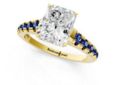 Yellow gold Radiant Cut Diamond Cathedral Solitaire Ring with Round with Blue Sapphire side stone Pavé Band_13