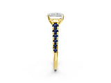 Yellow gold Radiant Cut Diamond Cathedral Solitaire Ring with Round with Blue Sapphire side stone Pavé Band_14