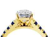 Yellow gold Radiant Cut Diamond Cathedral Solitaire Ring with Round with Blue Sapphire side stone Pavé Band_16