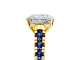 Yellow gold Radiant Cut Diamond Cathedral Solitaire Ring with Round with Blue Sapphire side stone Pavé Band_17