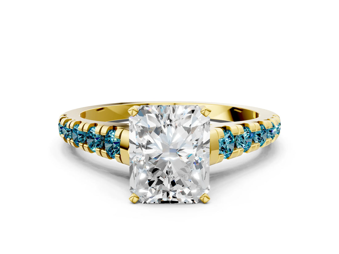 Yellow gold Radiant Cut Diamond Cathedral Solitaire Ring with Round with Blue Topaz side stone Pavé Band