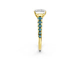Yellow gold Radiant Cut Diamond Cathedral Solitaire Ring with Round with Blue Topaz side stone Pavé Band_2