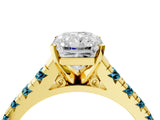 Yellow gold Radiant Cut Diamond Cathedral Solitaire Ring with Round with Blue Topaz side stone Pavé Band_4