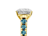 Yellow gold Radiant Cut Diamond Cathedral Solitaire Ring with Round with Blue Topaz side stone Pavé Band_5