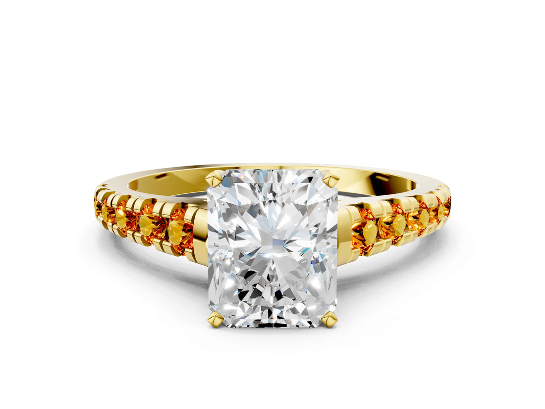 Yellow gold Radiant Cut Diamond Cathedral Solitaire Ring with Round with Citrine side stone Pavé Band_24