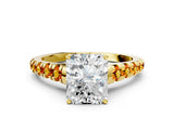 Yellow gold Radiant Cut Diamond Cathedral Solitaire Ring with Round with Citrine side stone Pavé Band_24