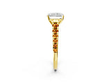 Yellow gold Radiant Cut Diamond Cathedral Solitaire Ring with Round with Citrine side stone Pavé Band_26