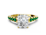 Yellow gold Radiant Cut Diamond Cathedral Solitaire Ring with Round with Emerald side stone Pavé Band