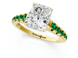 Yellow gold Radiant Cut Diamond Cathedral Solitaire Ring with Round with Emerald side stone Pavé Band_1