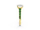 Yellow gold Radiant Cut Diamond Cathedral Solitaire Ring with Round with Emerald side stone Pavé Band_2