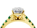 Yellow gold Radiant Cut Diamond Cathedral Solitaire Ring with Round with Emerald side stone Pavé Band_4