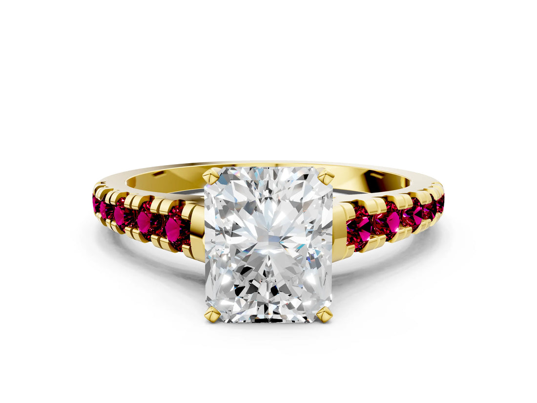 Yellow gold Radiant Cut Diamond Cathedral Solitaire Ring with Round with Garnet side stone Pavé Band_12